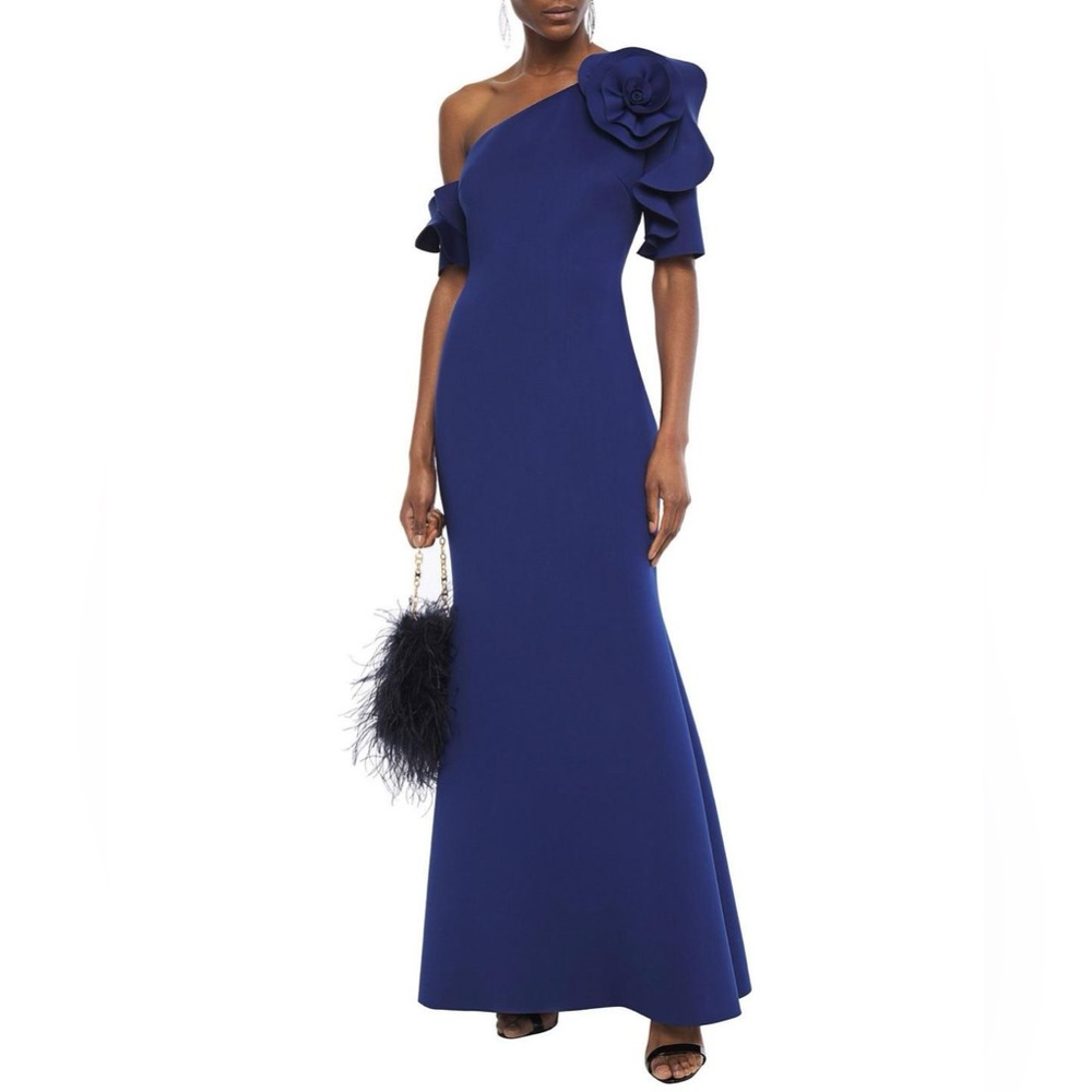Badgley Mischka Off The‎ Shoulder Floral 3D Applique Scuba Gown Royal Blue Sz 6